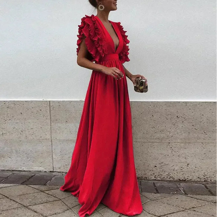 Vestido maxi de mujer Flowy con mangas y escote con volantes