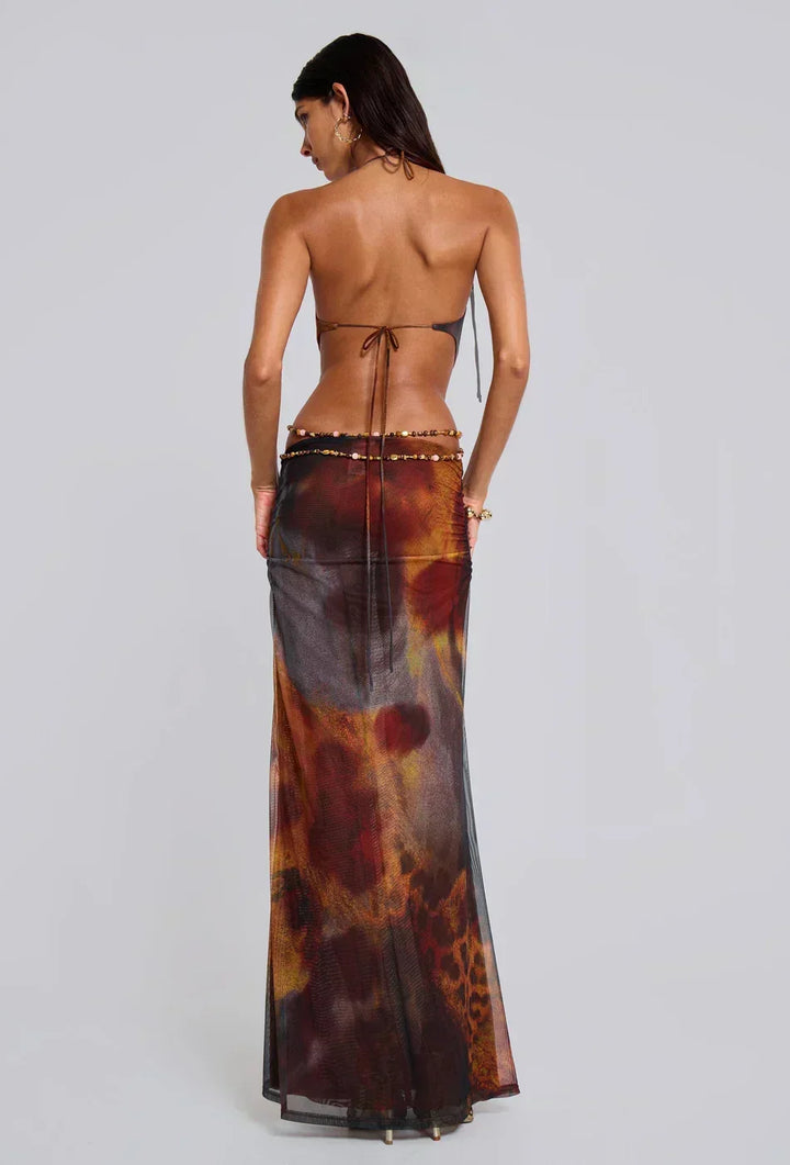 Vestido maxi marrón para mujeres con patrón de leopardo y cortes