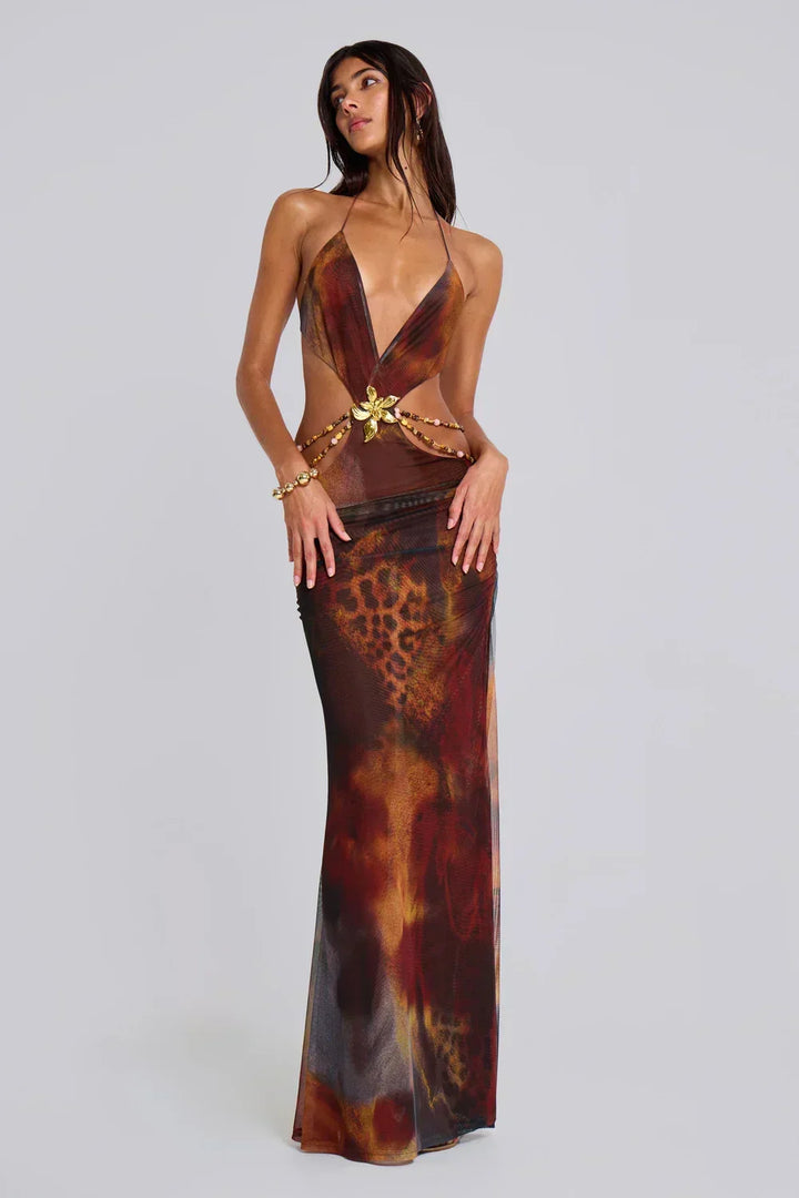 Vestido maxi marrón para mujeres con patrón de leopardo y cortes