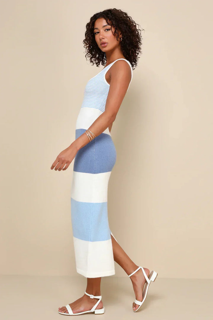 Vestido Maxi a rayas azul y blanco para mujeres