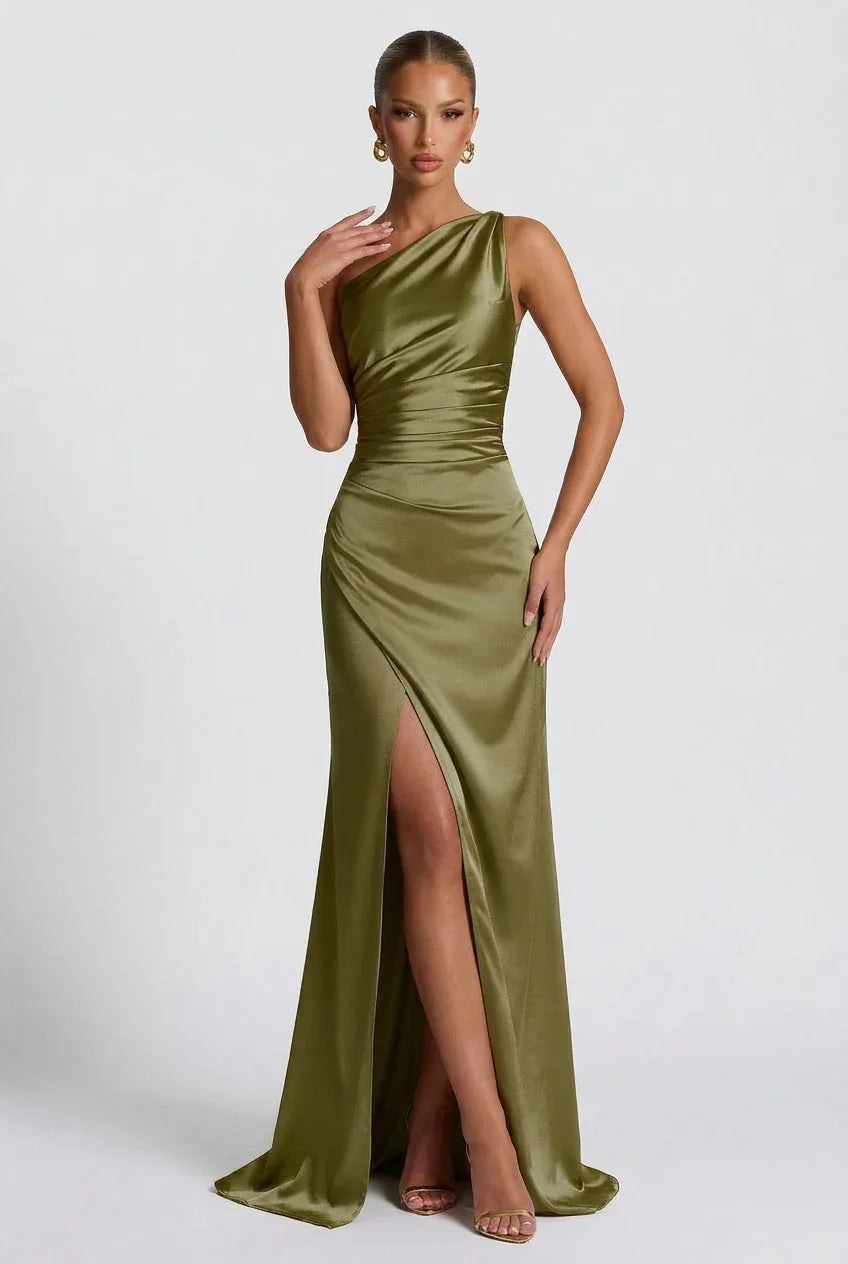 Vestido maxi de satén con abertura para mujeres