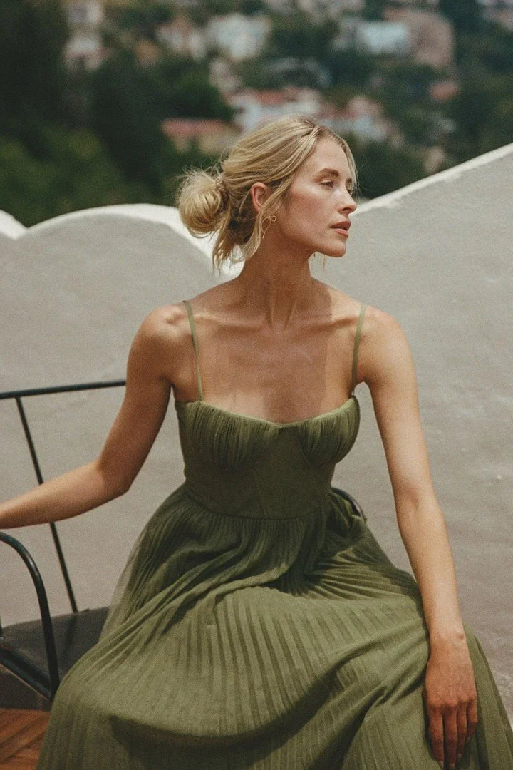 Vestido Maxi plisado verde para mujer