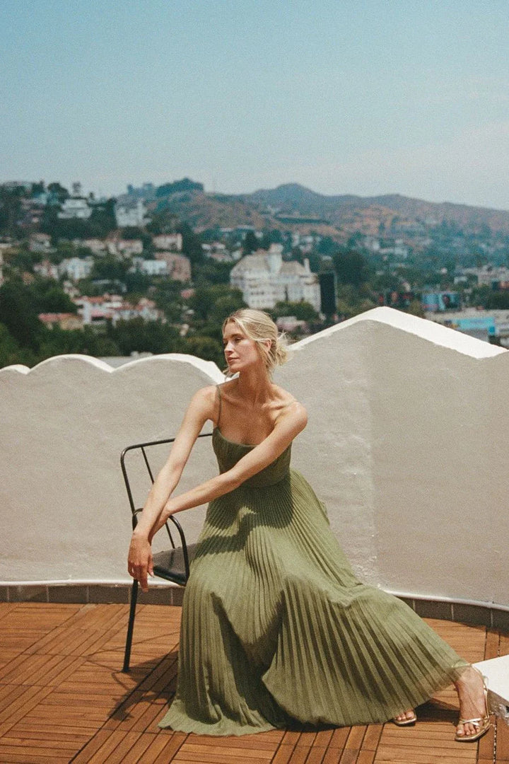 Vestido Maxi plisado verde para mujer