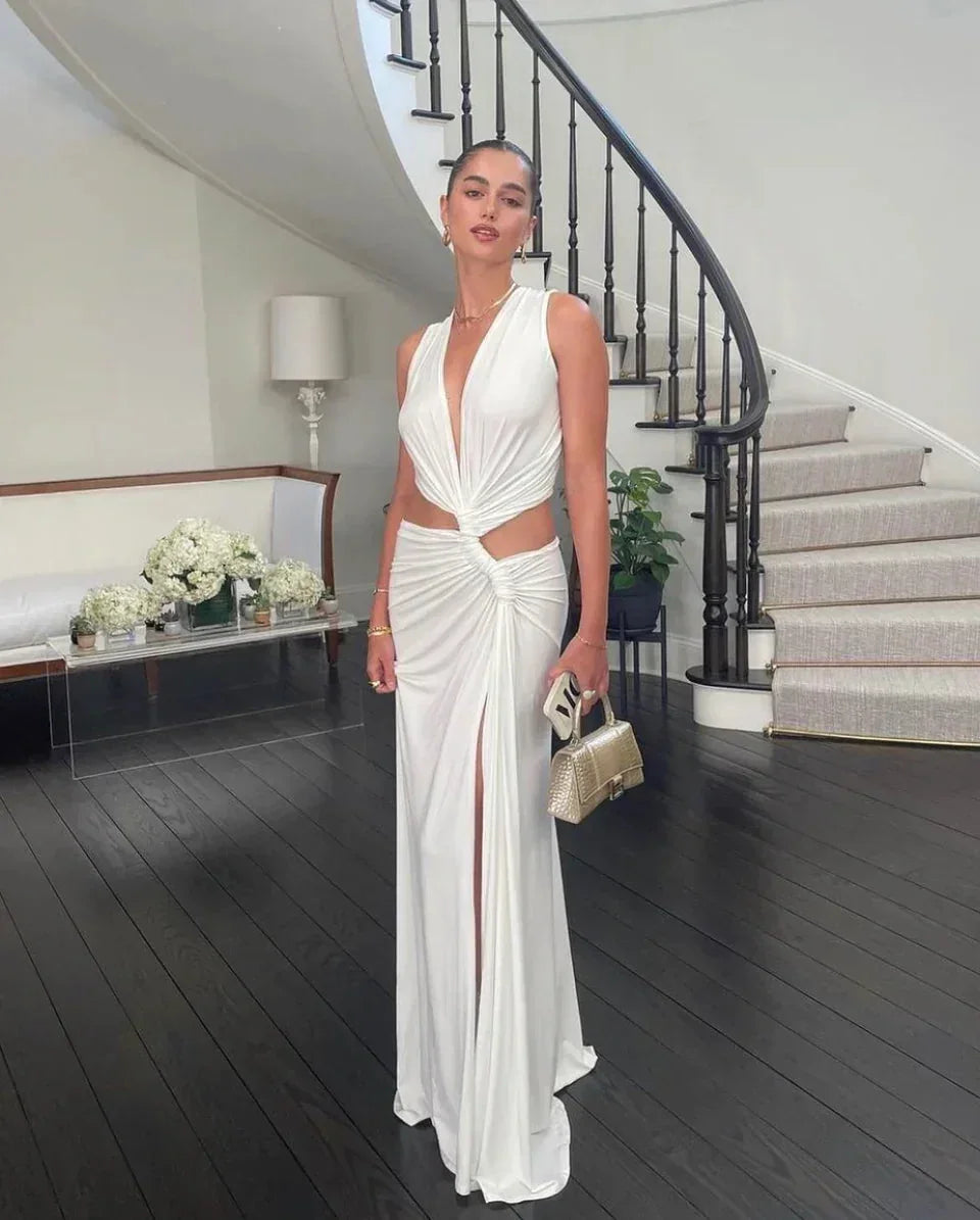 Vestido maxi sin espalda con escote en V y cortes