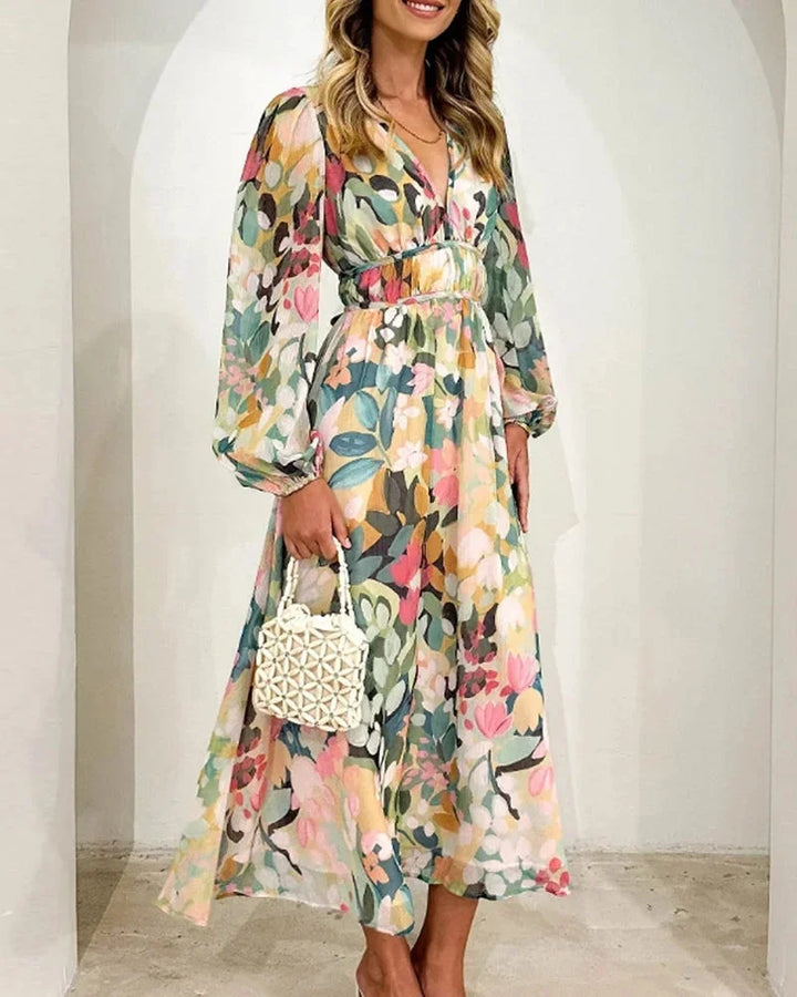 Vestido Maxi Floral con mangas largas y escote en V, boda de primavera