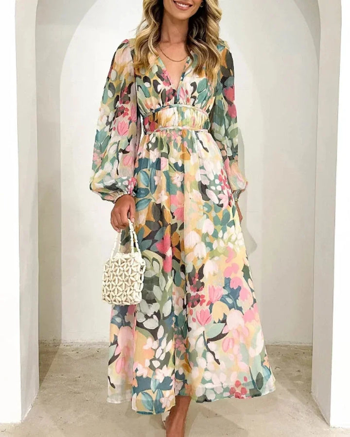 Vestido Maxi Floral con mangas largas y escote en V, boda de primavera