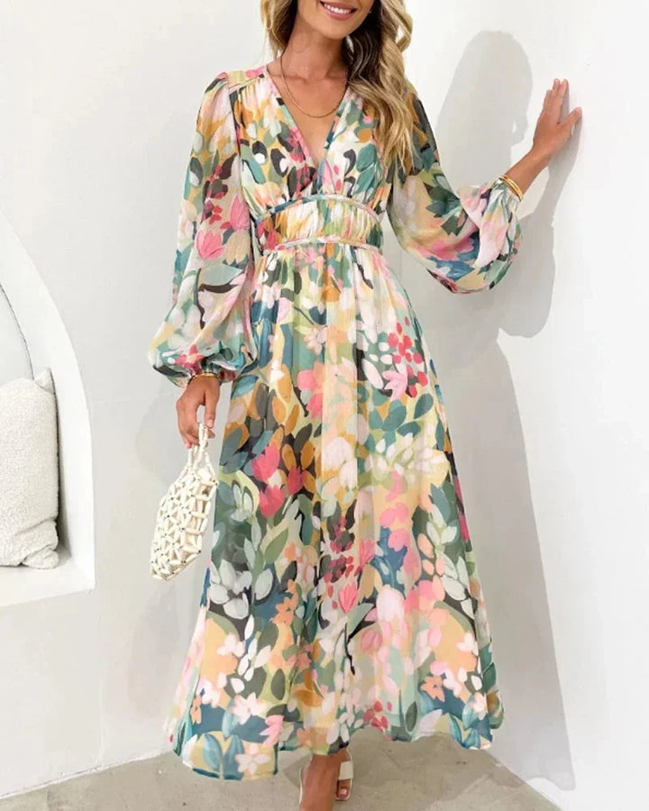 Vestido Maxi Floral con mangas largas y escote en V, boda de primavera