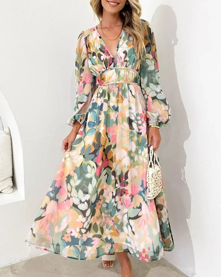 Vestido maxi de flores en tonos pastel para mujer, de mangas largas