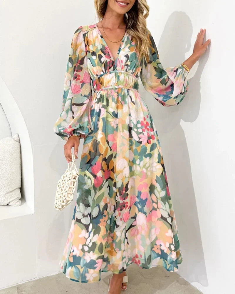 Vestido maxi de flores en tonos pastel para mujer, de mangas largas