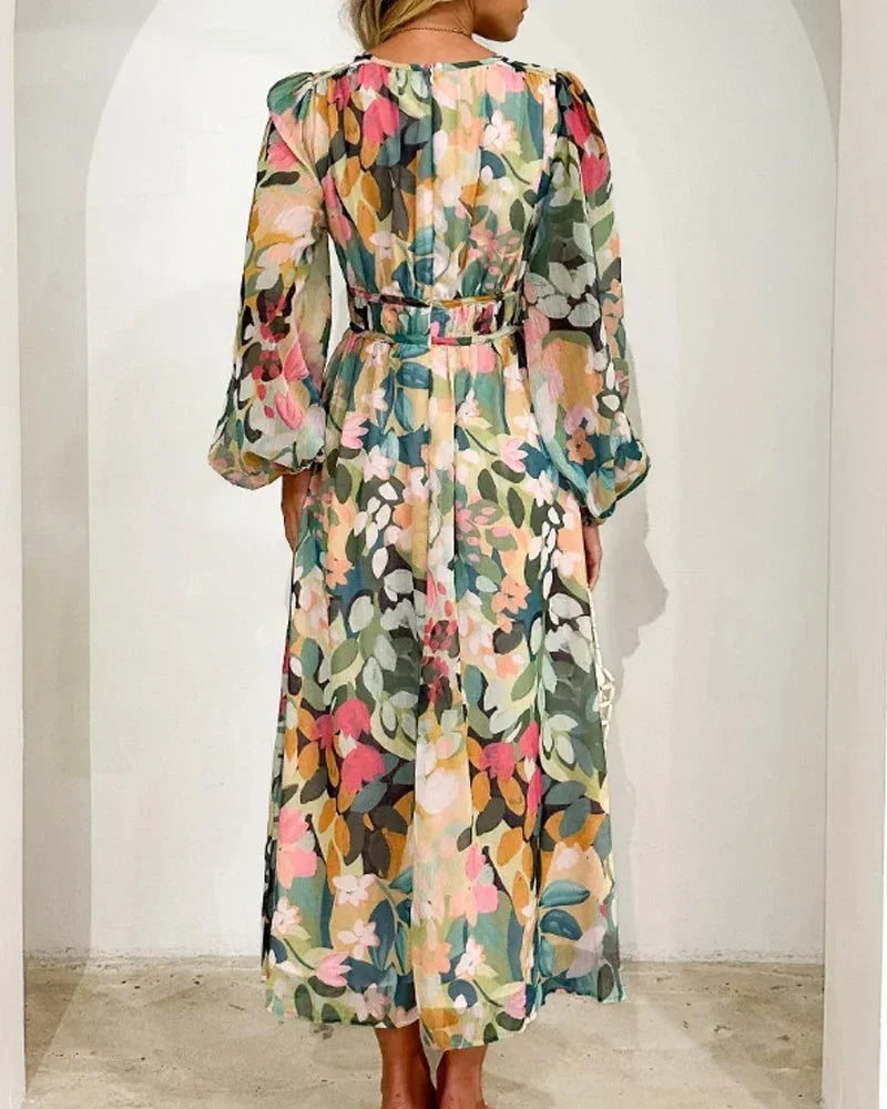 Vestido maxi de flores en tonos pastel para mujer, de mangas largas