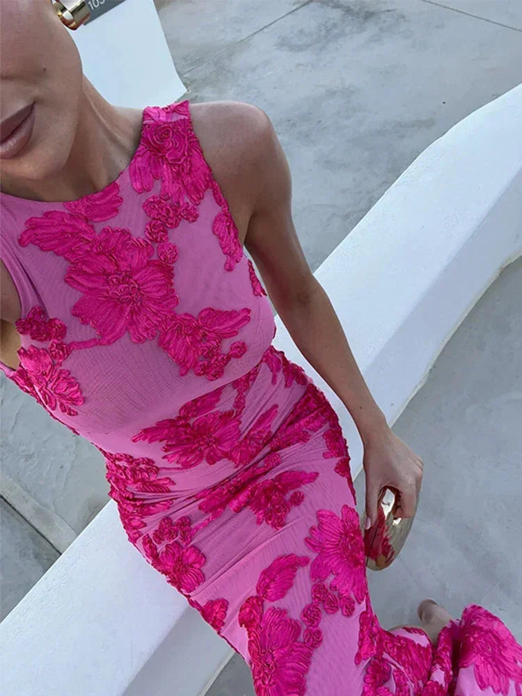 Vestido maxi rosa para mujer con vibrantes patrones florales