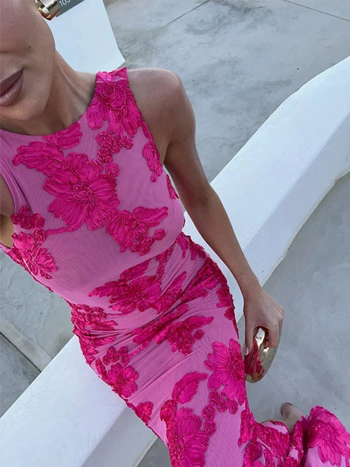 Vestido maxi rosa para mujer con vibrantes patrones florales