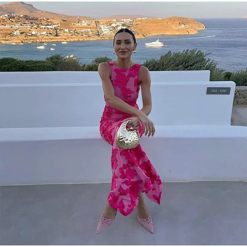 Vestido maxi rosa para mujer con vibrantes patrones florales