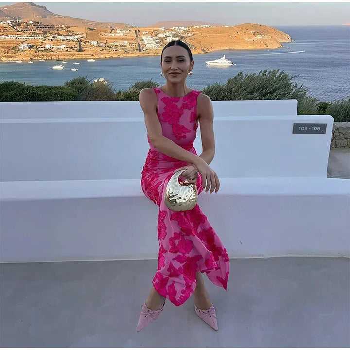 Vestido maxi rosa para mujer con vibrantes patrones florales