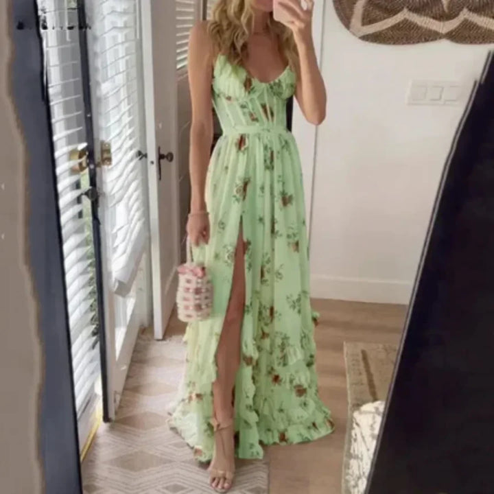 Vestido maxi floral para mujer con abertura y escote
