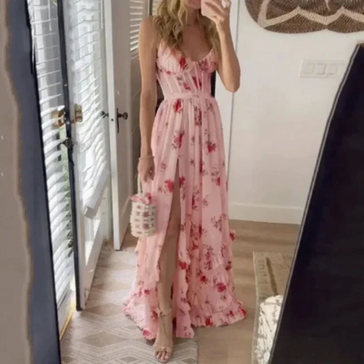Vestido maxi floral para mujer con abertura y escote