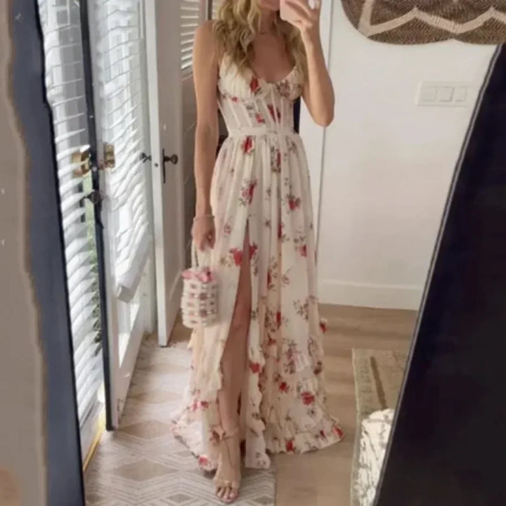 Vestido maxi floral para mujer con abertura y escote