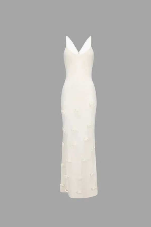 Vestido Maxi de Noche con Tirantes Finos y Detalles Florales