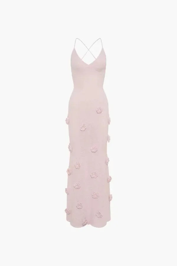 Vestido Maxi de Noche con Tirantes Finos y Detalles Florales