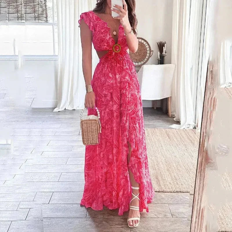 Vestido maxi floral con cortes y elegante escote en V