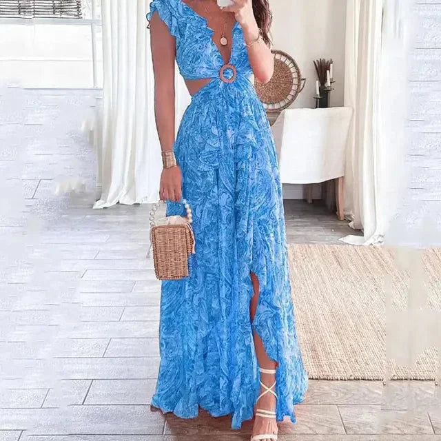 Vestido maxi floral con cortes y elegante escote en V