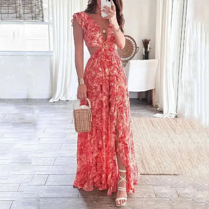 Vestido maxi floral con cortes y elegante escote en V