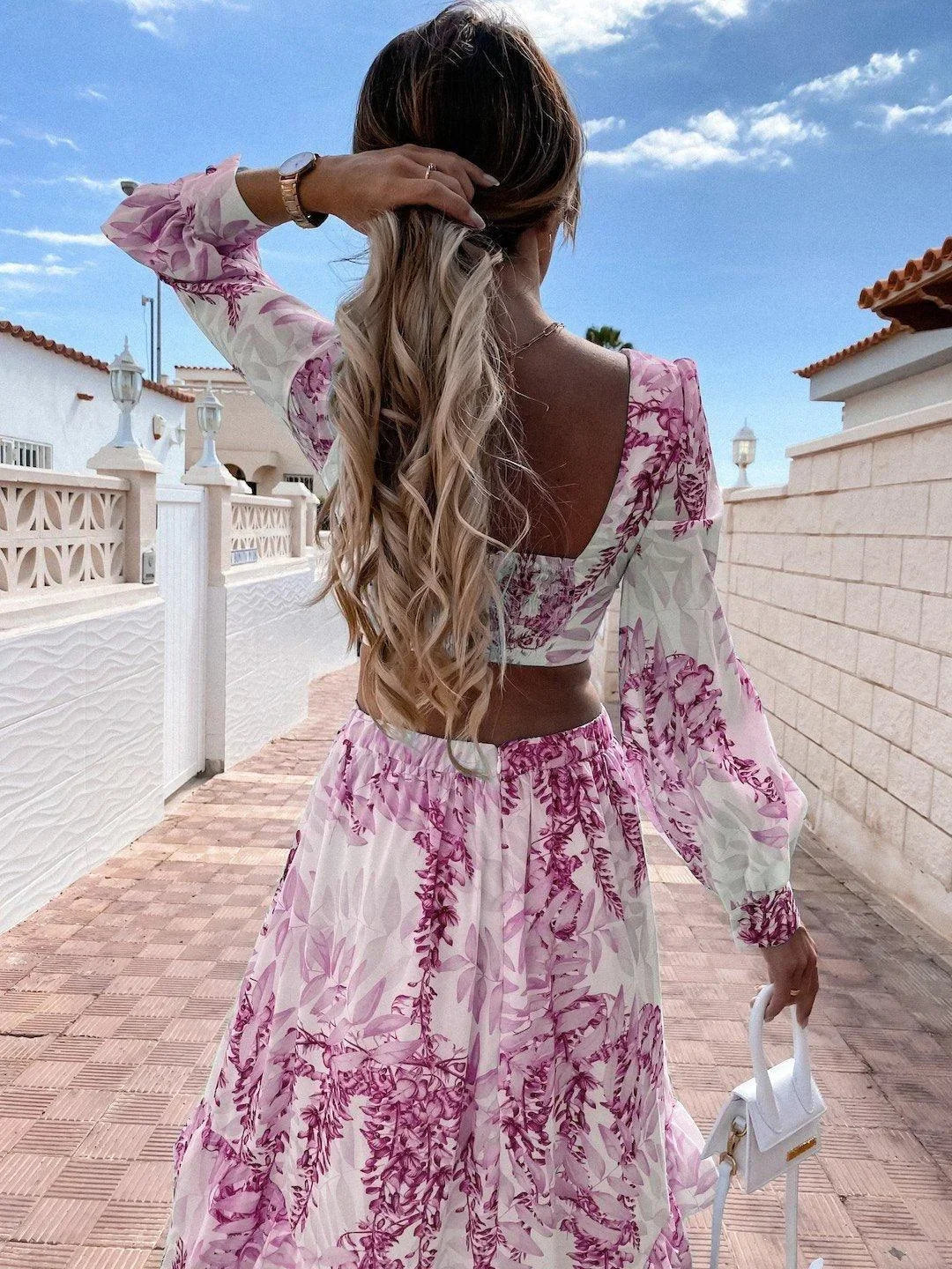 Vestido maxi floral para mujer con mangas largas, escote en V y corte