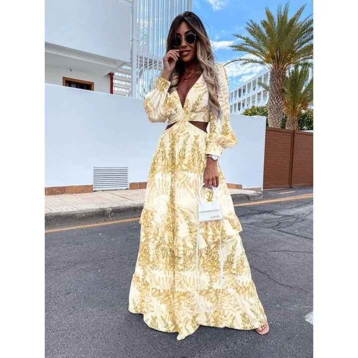 Vestido maxi floral para mujer con mangas largas, escote en V y corte