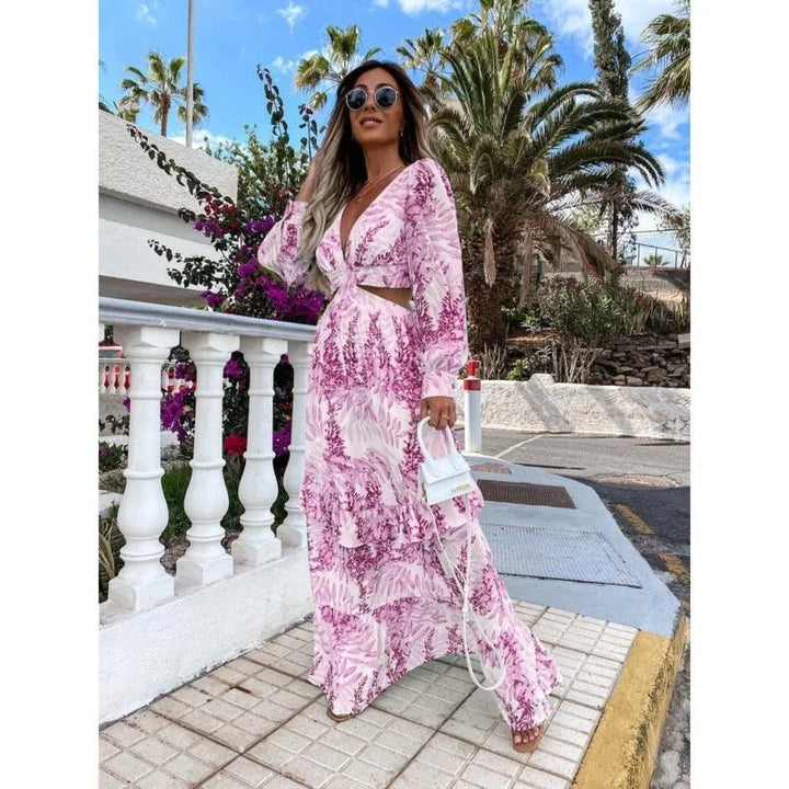 Vestido maxi floral para mujer con mangas largas, escote en V y corte