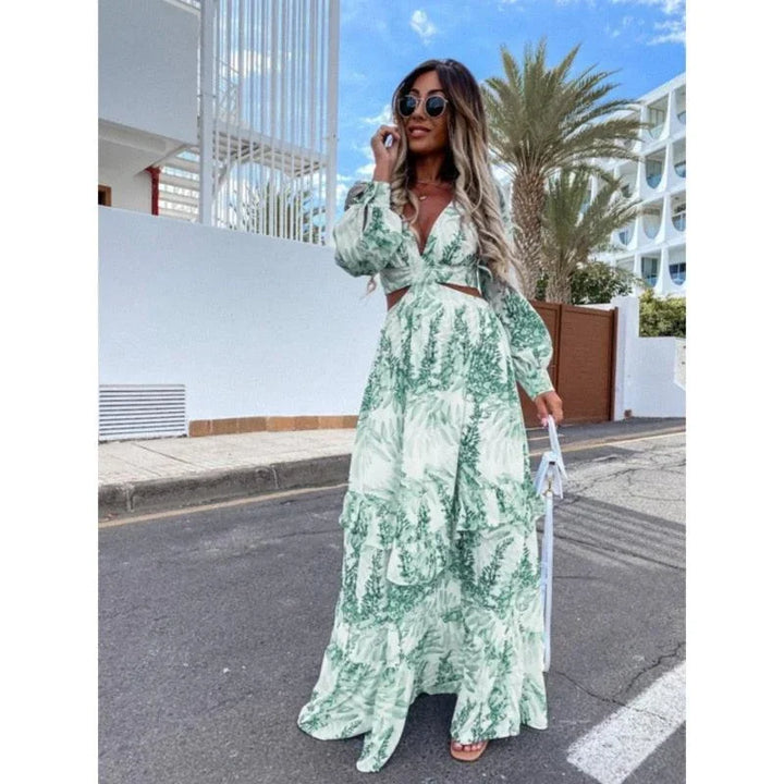 Vestido maxi floral para mujer con mangas largas, escote en V y corte