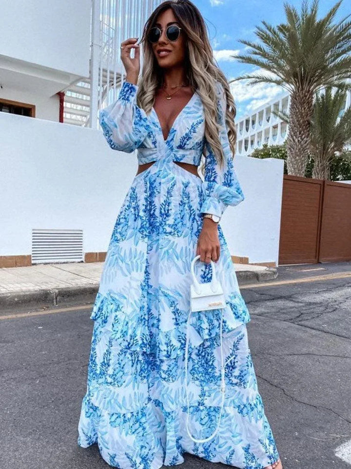 Vestido maxi floral para mujer con mangas largas, escote en V y corte