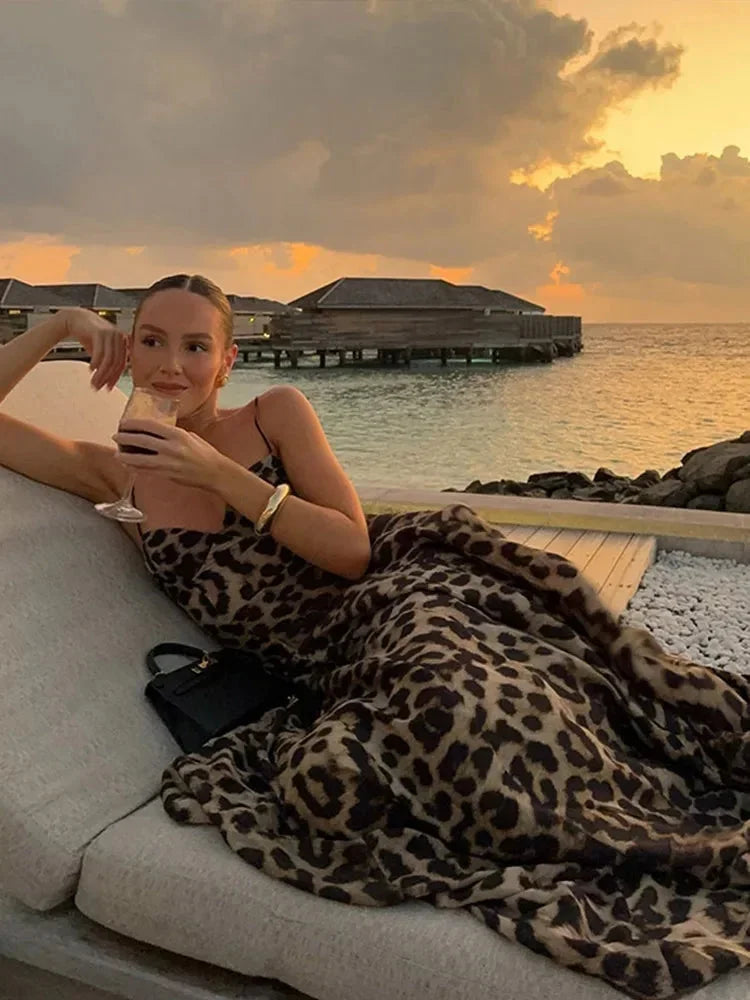 Vestido maxi de leopardo para mujer con tirantes finos, fluido para la noche