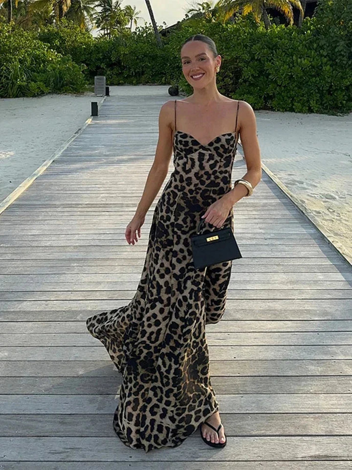 Vestido maxi de leopardo para mujer con tirantes finos, fluido para la noche