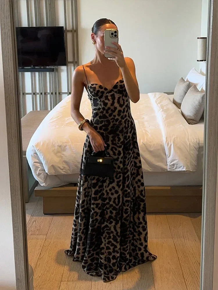 Vestido maxi de leopardo para mujer con tirantes finos, fluido para la noche