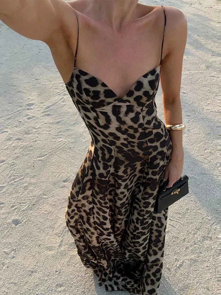 Vestido maxi de leopardo para mujer con tirantes finos, fluido para la noche