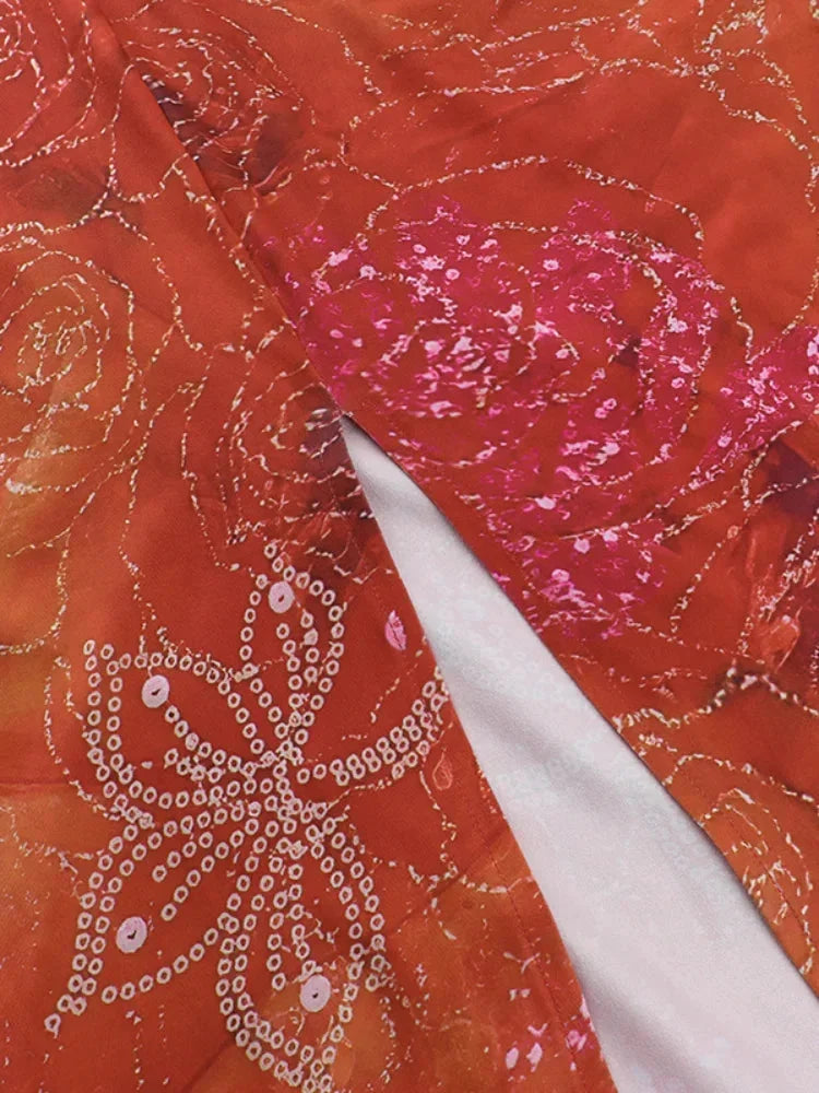 Vestido maxi sin espalda impreso en rojo para mujeres con cortes para el verano