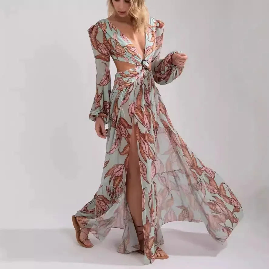 Vestido Maxi para Mujeres con escote en V, estampado y espalda descubierta