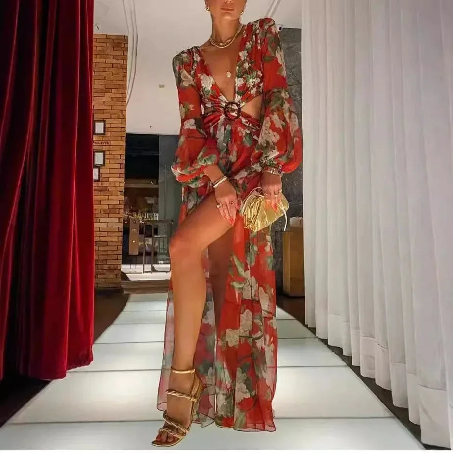Vestido Maxi para Mujeres con escote en V, estampado y espalda descubierta