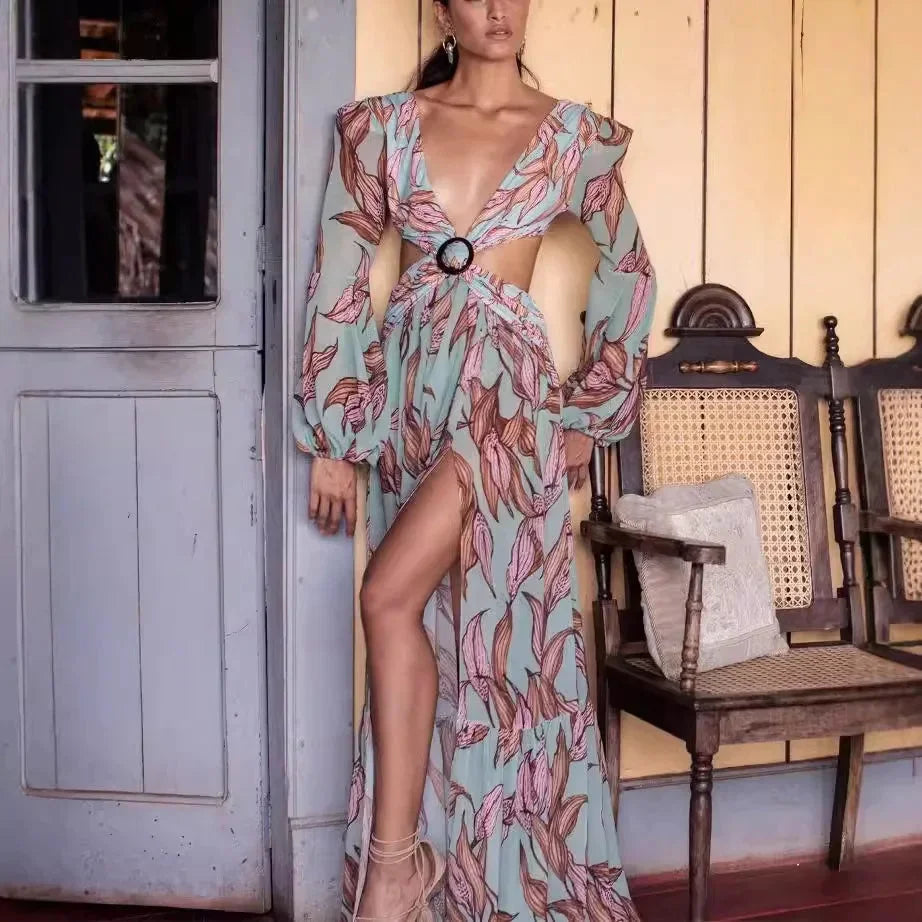 Vestido Maxi para Mujeres con escote en V, estampado y espalda descubierta