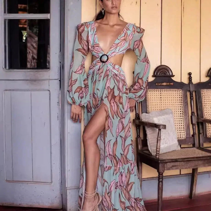 Vestido Maxi para Mujeres con escote en V, estampado y espalda descubierta