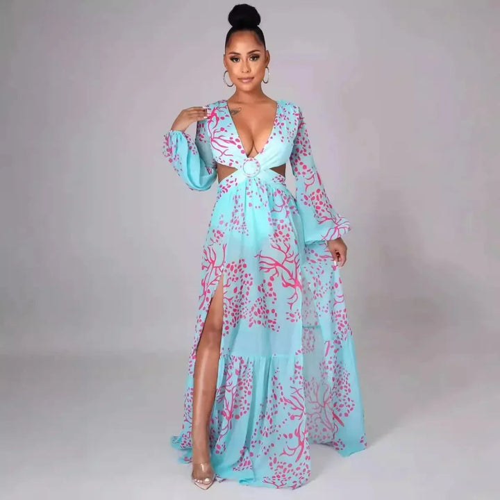Vestido Maxi para Mujeres con escote en V, estampado y espalda descubierta