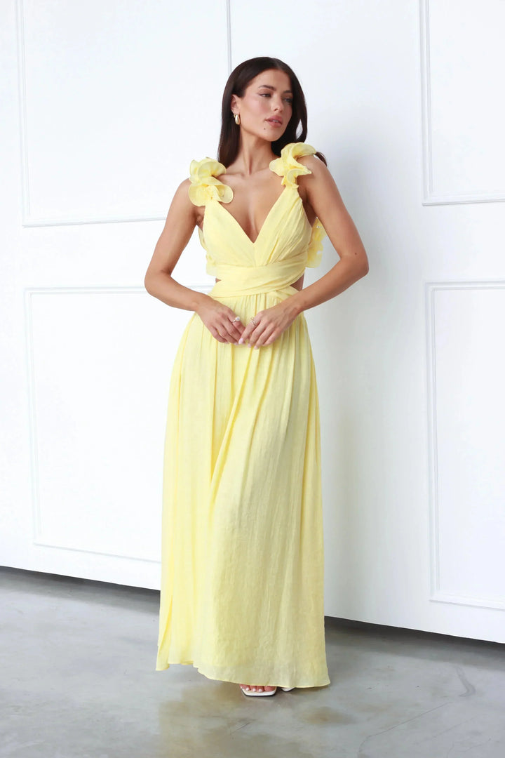 Vestido Maxi amarillo para mujeres con escote en V y hombros florales