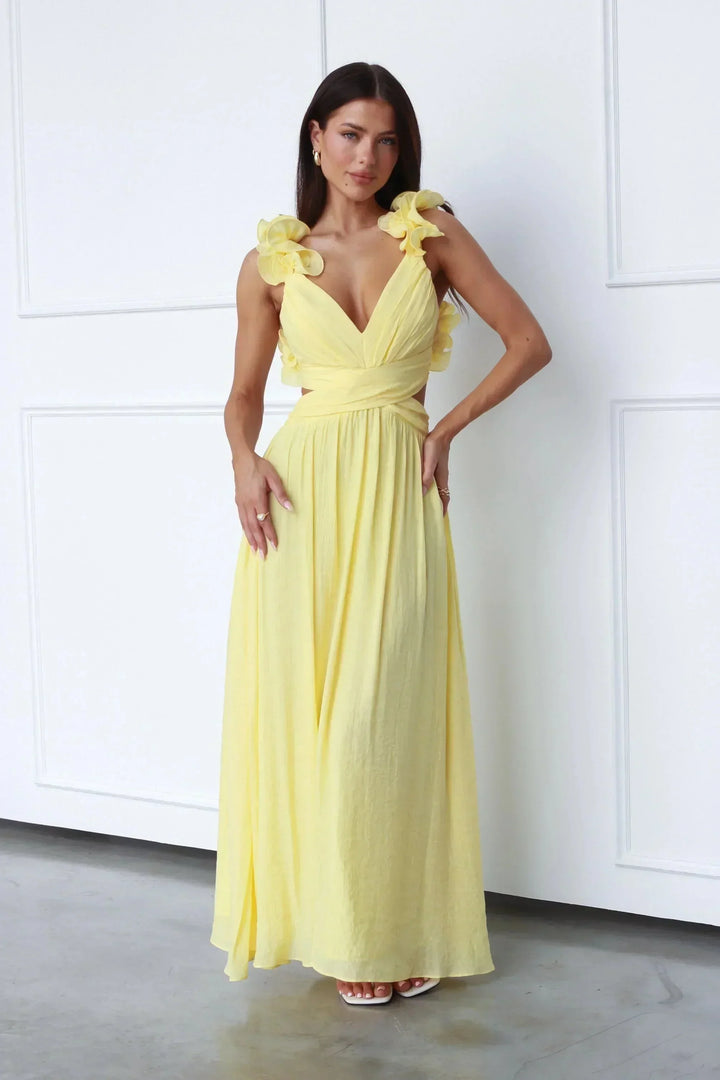 Vestido Maxi amarillo para mujeres con escote en V y hombros florales