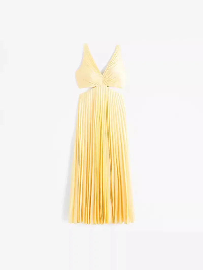 Vestido maxi amarillo con escote pronunciado y pliegues