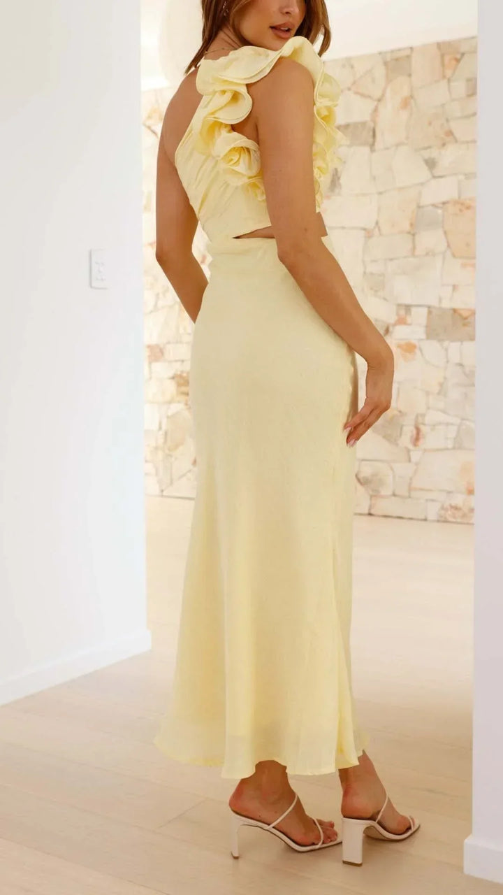 Vestido maxi asimétrico amarillo para mujeres para noches elegantes