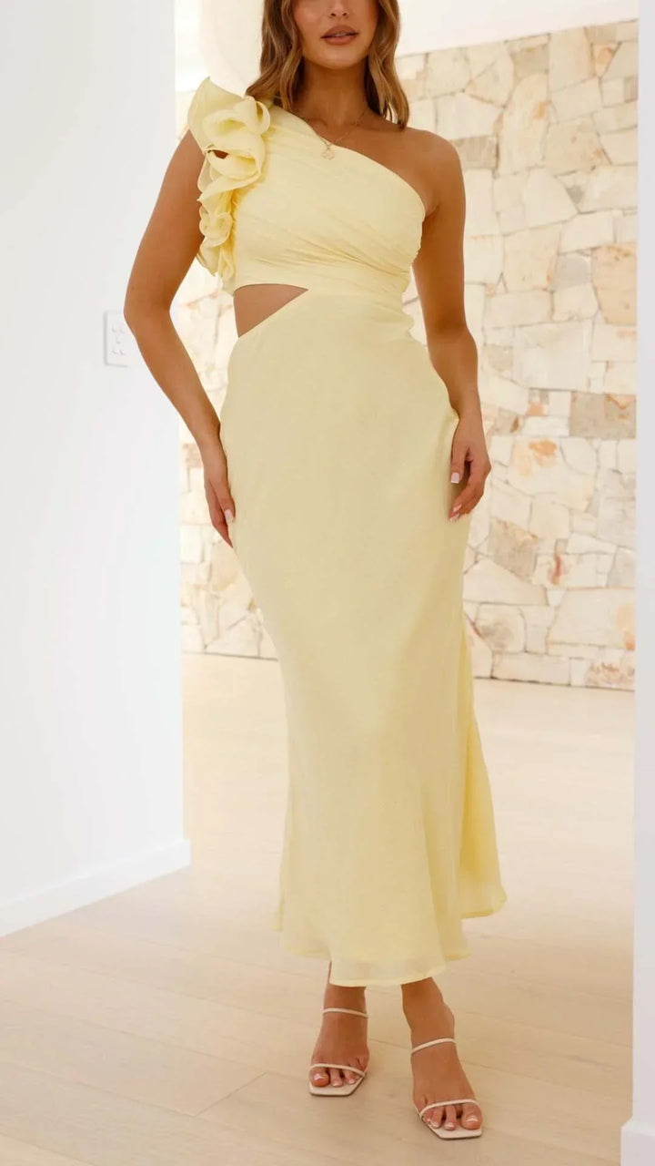 Vestido maxi asimétrico amarillo para mujeres para noches elegantes