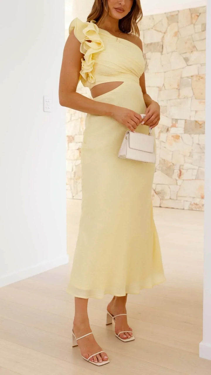 Vestido maxi asimétrico amarillo para mujeres para noches elegantes