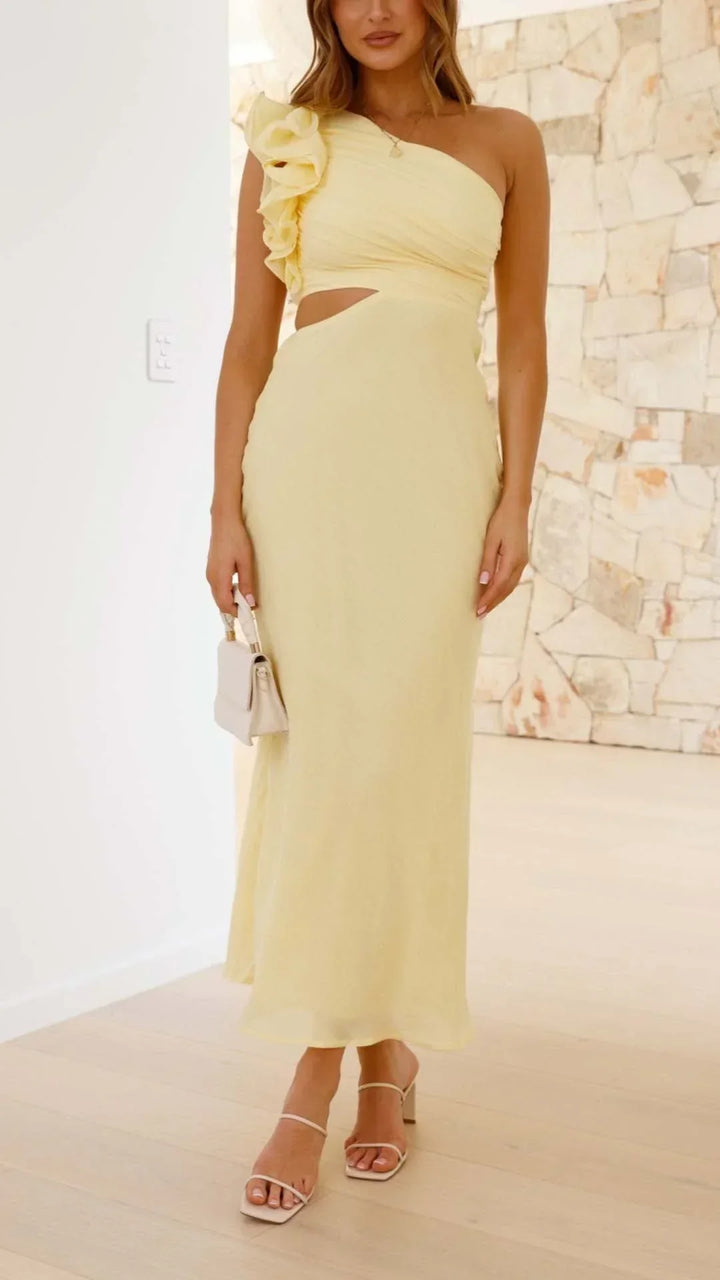 Vestido maxi asimétrico amarillo para mujeres para noches elegantes
