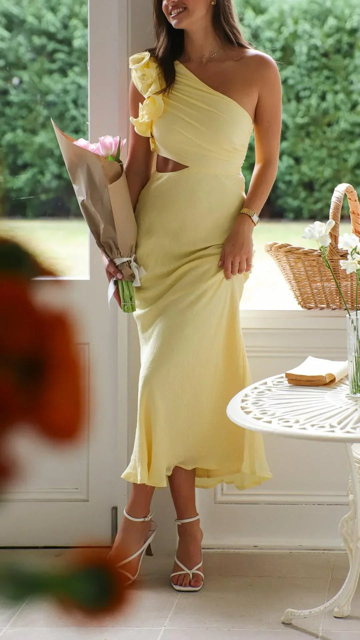 Vestido maxi asimétrico amarillo para mujeres para noches elegantes