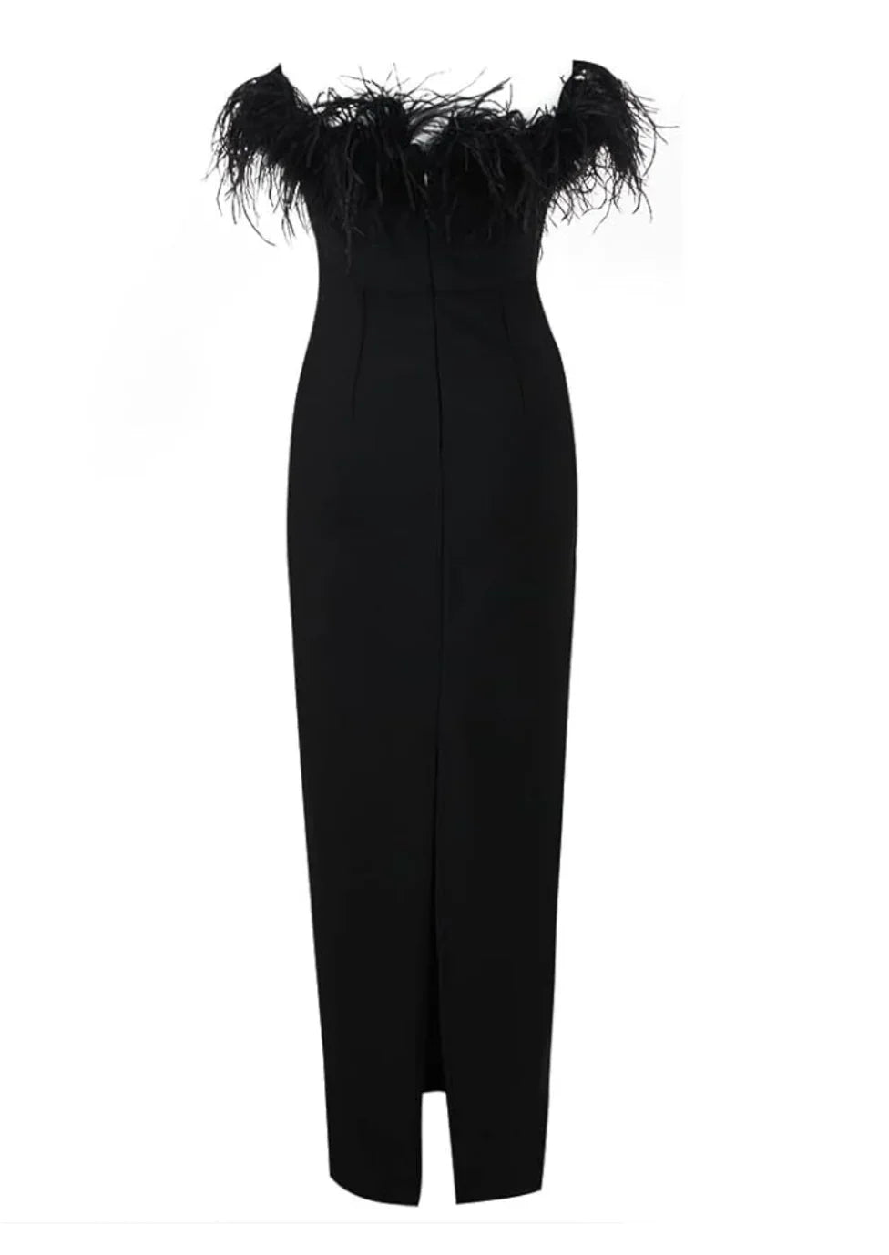 Vestido maxi negro sin tirantes con detalles de plumas